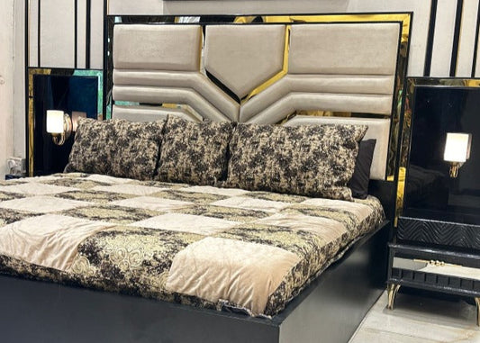 Stylish Bed with Mirrored Nightstands – High-quality home furnishing